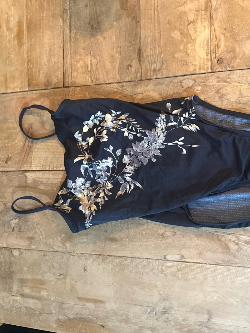 Jantzen Navy One-Piece Swimsuit with White and Gray Floral Accent